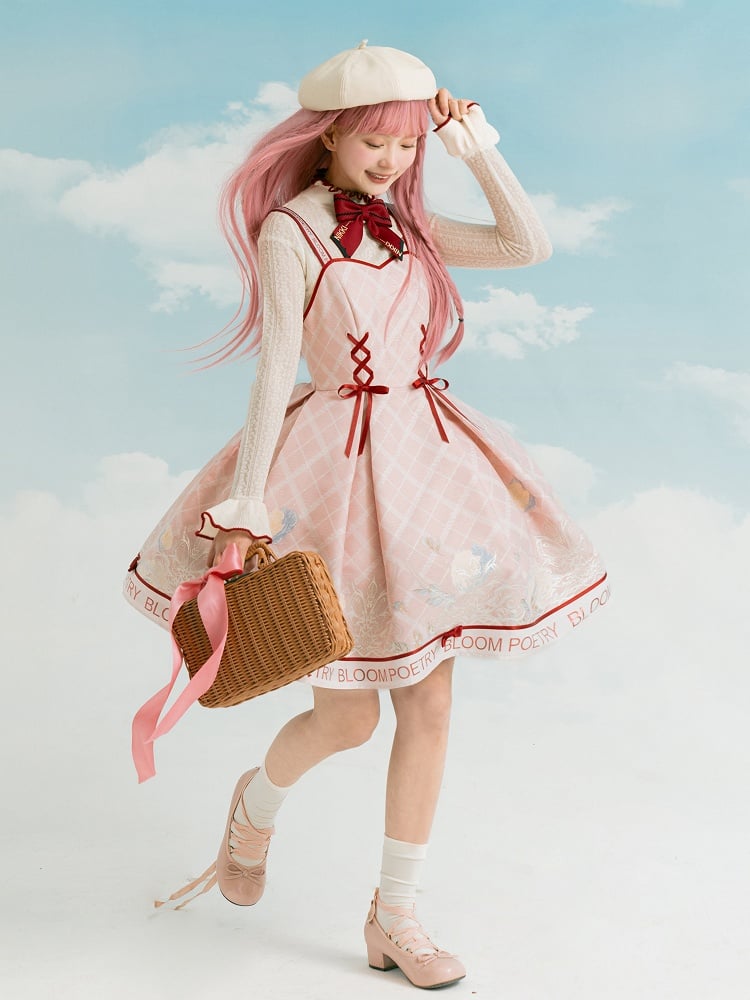 Pink and Red Trimming Lace-up Front Lolita Jumper Skirt