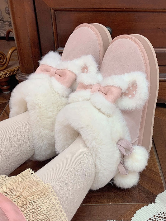Pink Sweet Lolita Winter Platform Boots - Plush Polka Dot Rabbit Ears, Cozy Lining & Self-Tie Pompom Straps