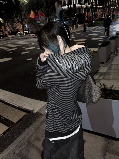 Black & Gray Stripes Zip-up Hooded Jacket for Autumn with Cross Chain Print