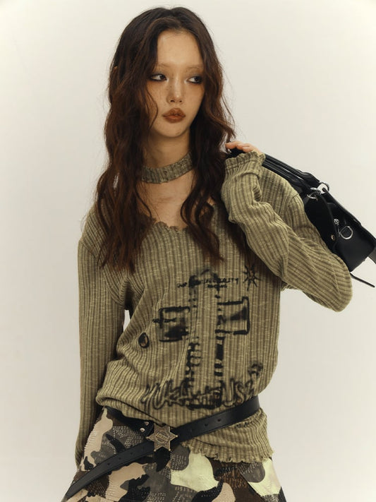 Army Green Punk Cross V-neck Sweater with Choker