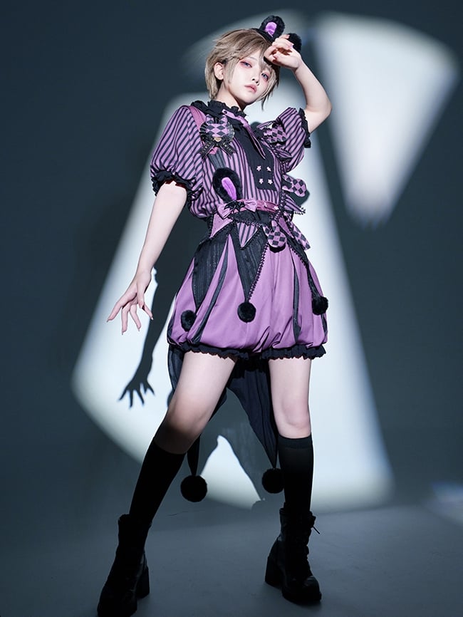 Clearance-Size L for Bust 100CM Kuromi Black and Purple Bunny Theme Circus Vibes Ouji Lolita Striped Pattern Top + Waist 64-74CM Bloomers Set