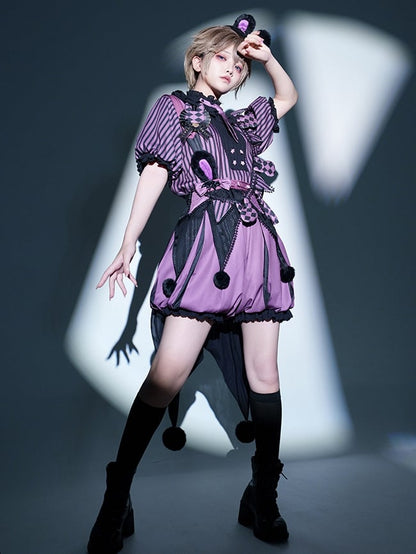 Clearance-Size L for Bust 100CM Kuromi Black and Purple Bunny Theme Circus Vibes Ouji Lolita Striped Pattern Top + Waist 64-74CM Bloomers Set