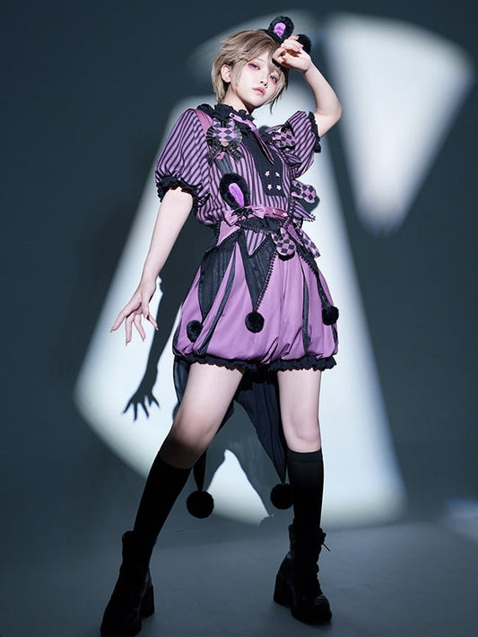 Clearance-Size L for Bust 100CM Kuromi Black and Purple Bunny Theme Circus Vibes Ouji Lolita Striped Pattern Top + Waist 64-74CM Bloomers Set