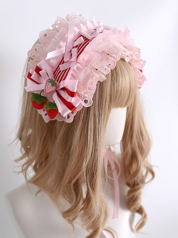 Pink/Red Sweet Lolita Strawberry Decorated Striped Pattern Bowknot Details Ruffled Hairband