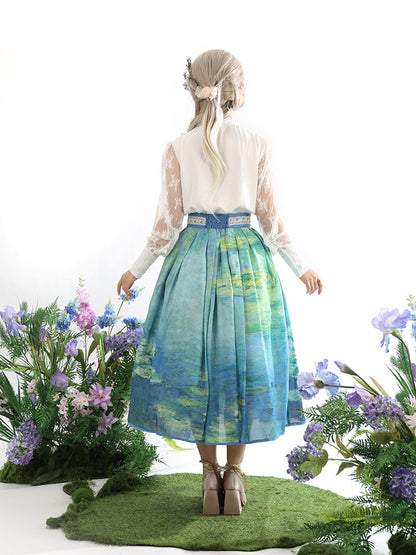Water Lily Oil Painting Print Blue and Green High Waist Skirt Long/Short Version