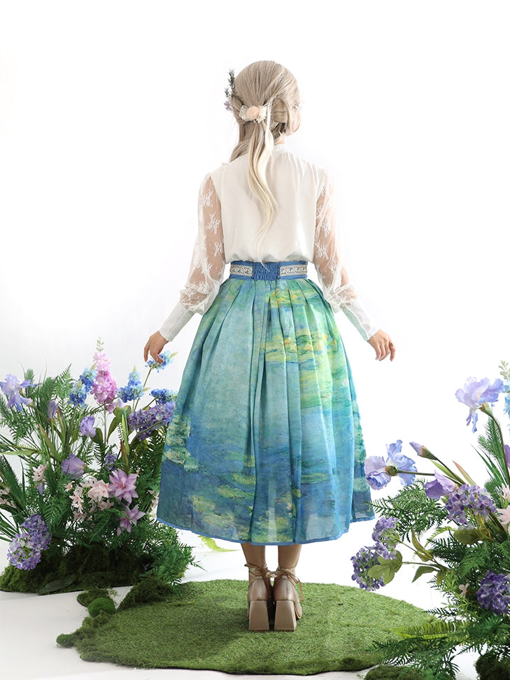 Water Lily Oil Painting Print Blue and Green High Waist Skirt Long/Short Version