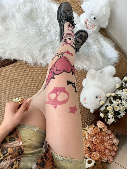 Nude Y2K Skeleton Bone And Heart Print Bittersweet Tights