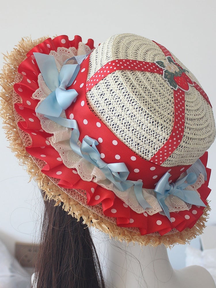Red Strawberry Applique Bowknot Details Ruffles Trim Straw Hat