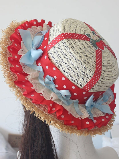 Red Strawberry Applique Bowknot Details Ruffles Trim Straw Hat