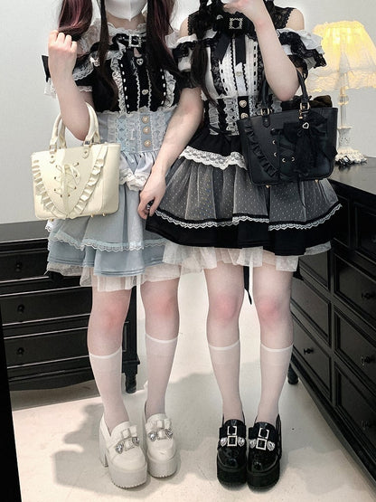 Jirai Kei Black/White/Red/Light Blue Open Shoulder Sweetheart Buttons Lace Trim Blouse