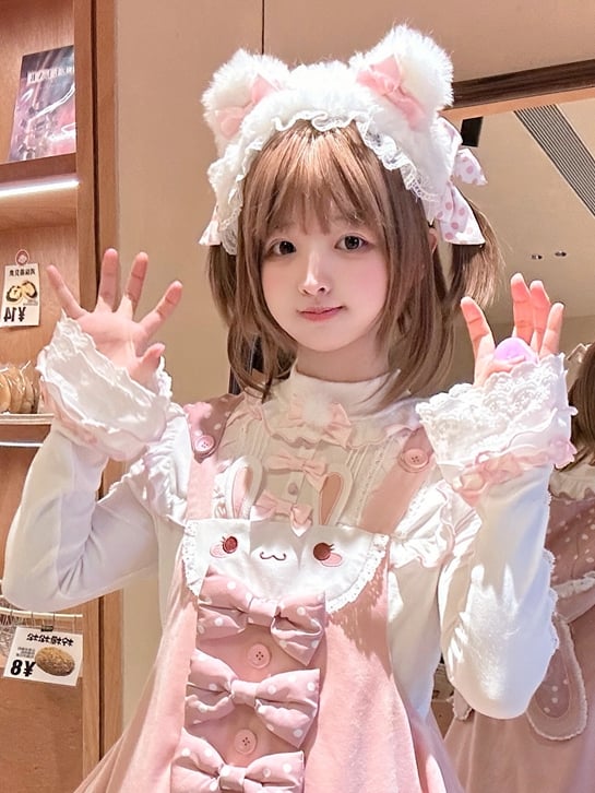 White and Pink Bowknots Faux Fur Ears KC