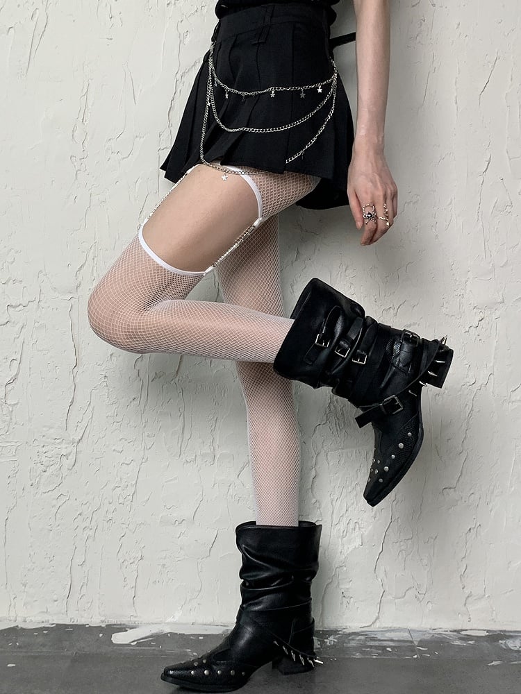 White/Black Y2K Cut-out Design Fishnet Suspender Tights With Leg Chain