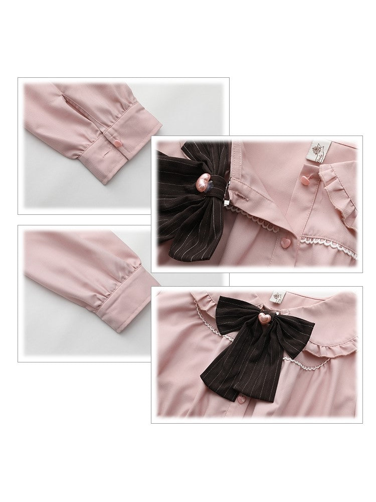 Plus Size Pink Ruffle Trim Blouse with Peter Pan Collar & Heart Button