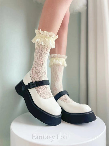 White/Yellow/Black Ruffled Lace Cuff Lolita Socks