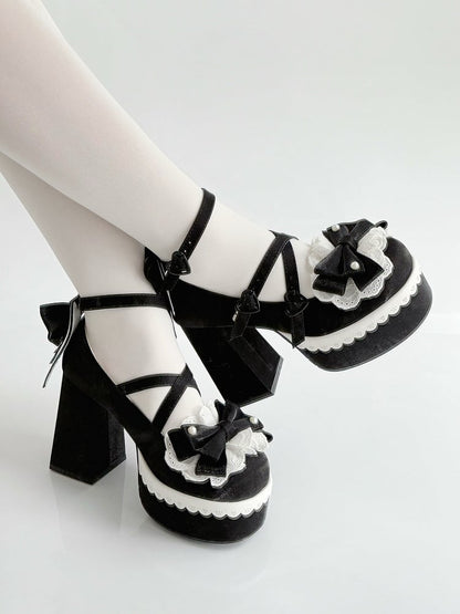 Black Lolita Lace Bowknot Buckle Straps Fork Embroidery Platform Block High Heels
