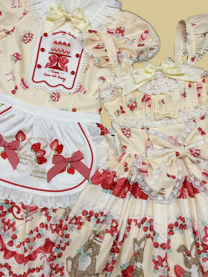 Red Strawberry Embroidery Bowknots Decorated Self-tie Apron
