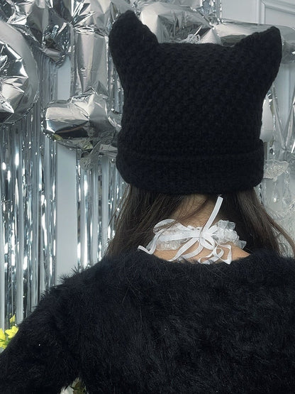 Punk Black Cat Ears Design Cross Patch Knit Hat