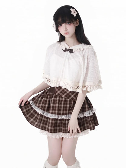 Brown Plaid Lace Trim Tiered Skort