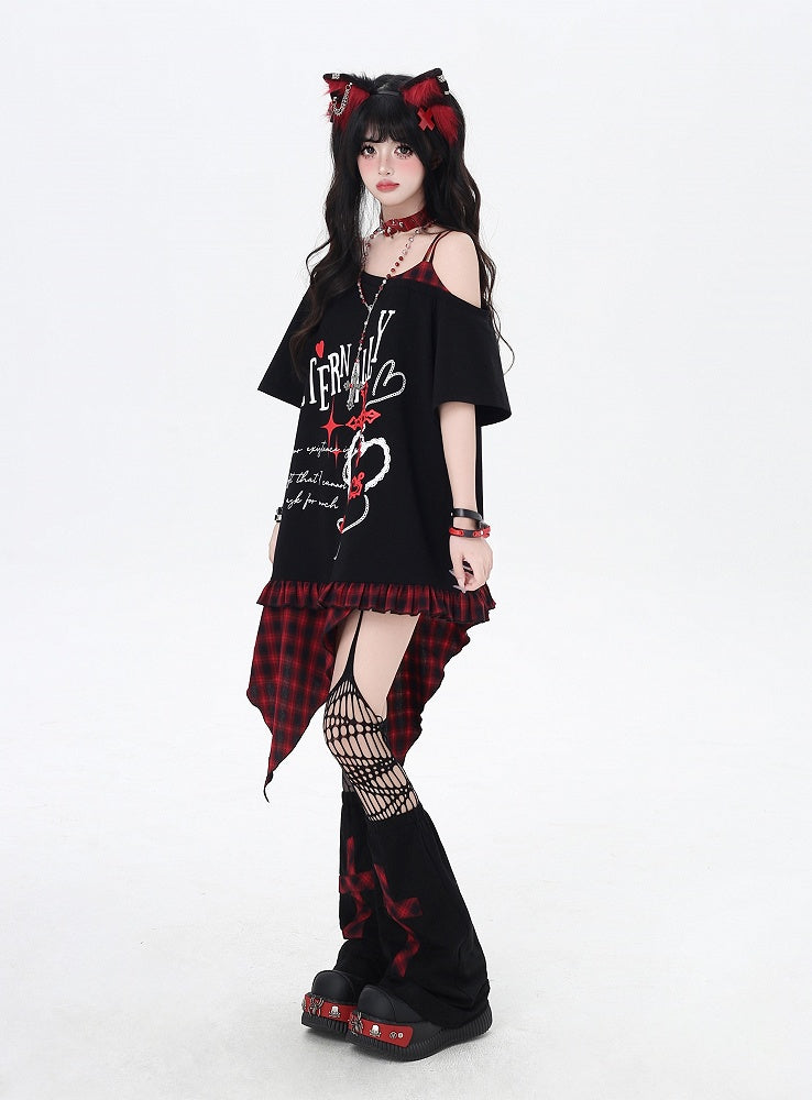 Asymmetrical Red/Purple Plaid Hem Black Punk Rock Graphic T-Shirt
