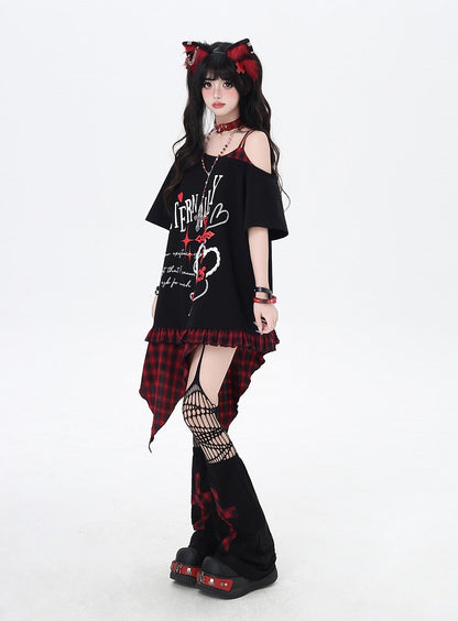 Asymmetrical Red/Purple Plaid Hem Black Punk Rock Graphic T-Shirt