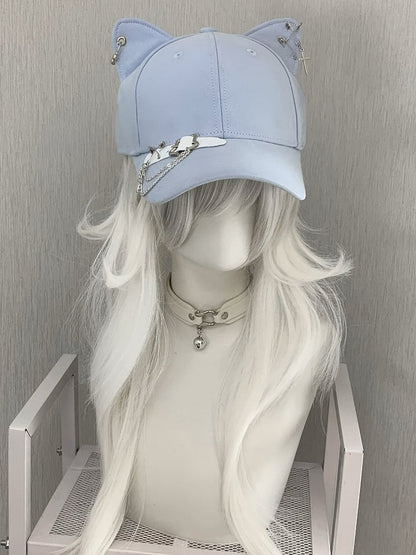 Blue/Black/Yellow Cross Charm Pin Decorated Star Buckle Kitty Ear Cap