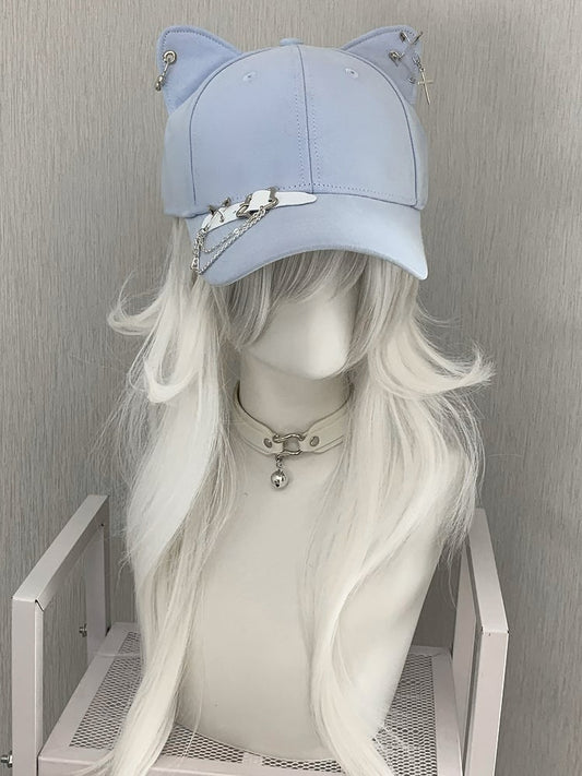 Blue/Black/Yellow Cross Charm Pin Decorated Star Buckle Kitty Ear Cap