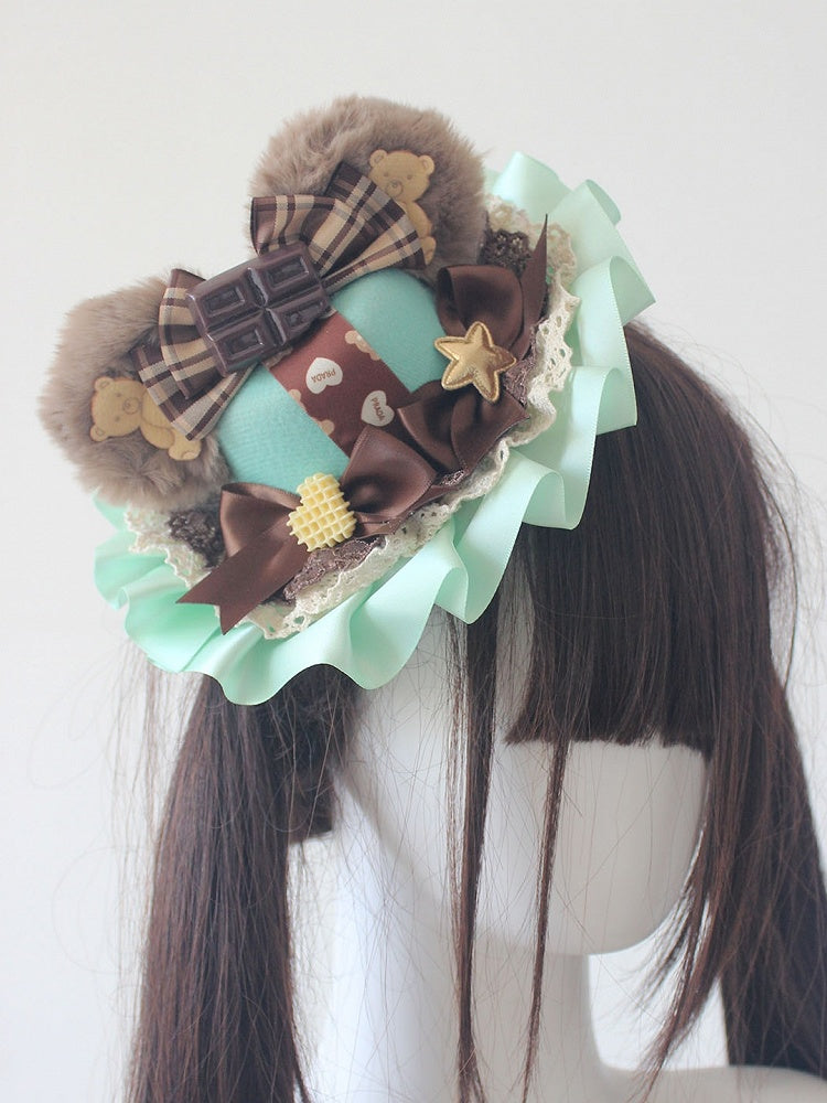 6 Color Options Chocolate Decorated Bowknot Details Plush Bear Ear Mini Hat