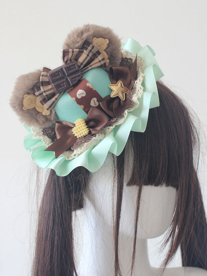 6 Color Options Chocolate Decorated Bowknot Details Plush Bear Ear Mini Hat
