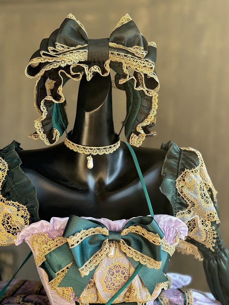 Green and Light Purple Layers Puffy Lolita Dress with Gold Lace Trim and Bow Accents
