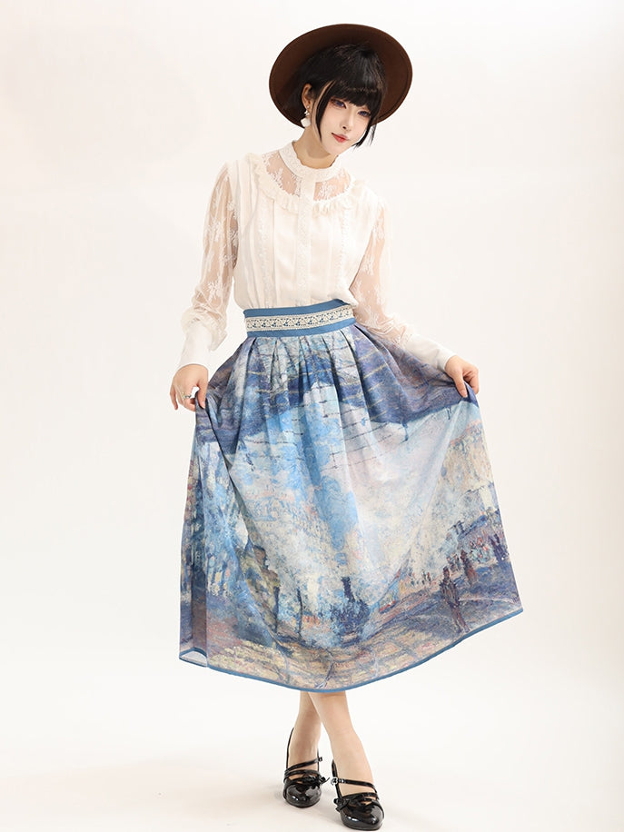 Gare Saint-Lazare Oil Painting Print Blue High Waist Skirt Short Version