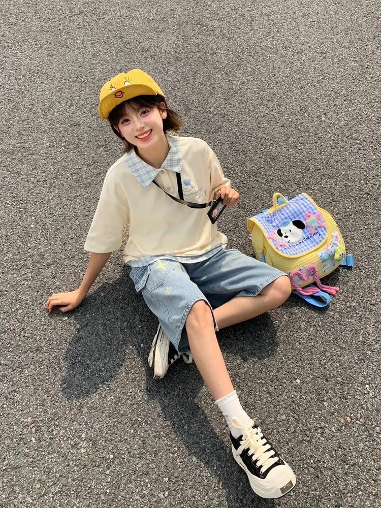 Colorful Star Print Blue Faded Wash Distressed Wide-leg Denim Shorts