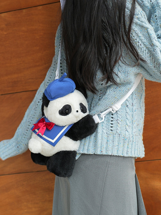 Cute Panda Plush Backpack/Crossbody Bag + Blue Hat + Sailor Collar Middle/Large Size
