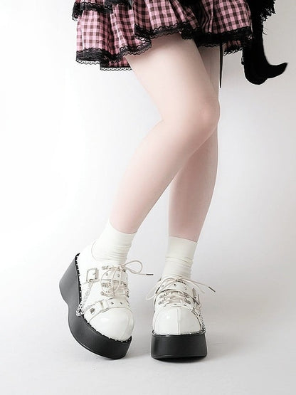 White Y2K Bittersweet Studs Details Chain Charm Front Lace-up Ties Platforms