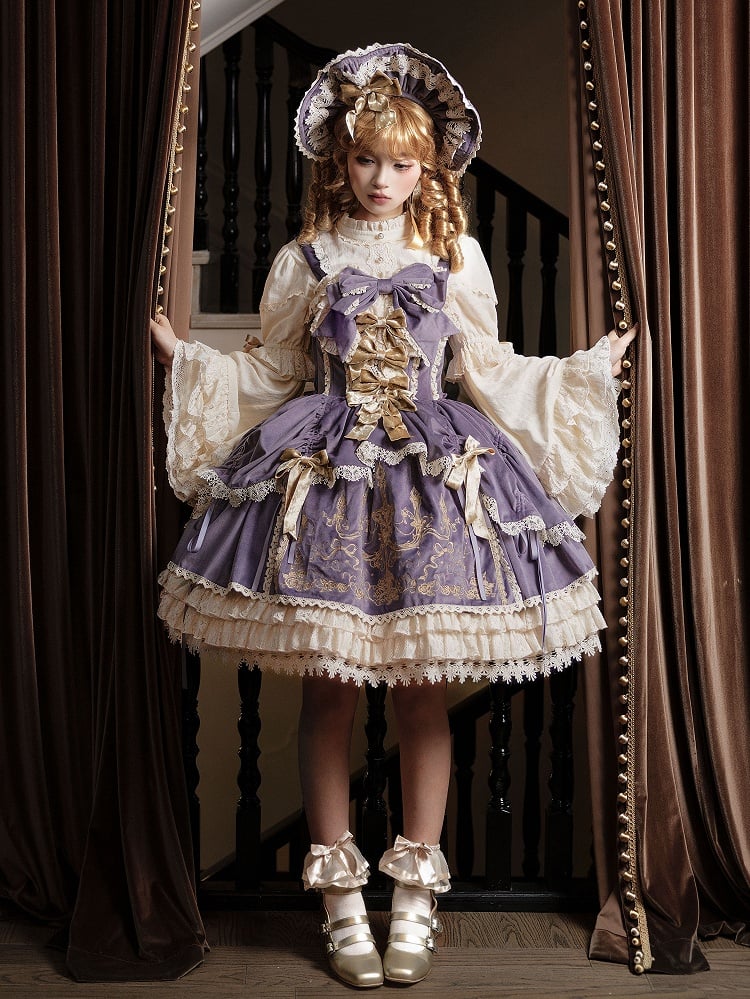 Bows Decoration Candle Embroidery Purple Velvet Dress Lolita JSK / Set