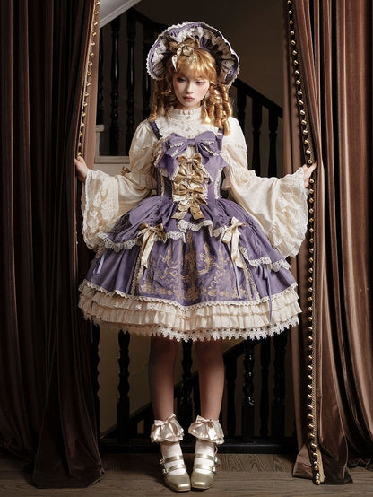 Bows Decoration Candle Embroidery Purple Velvet Dress Lolita JSK / Set