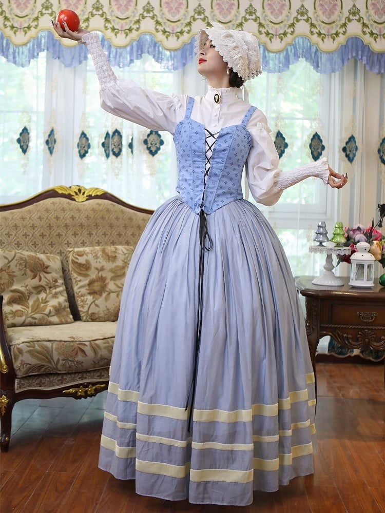Bavarian Landhaus Historical Costume - Light Blue Boned Corset + Skirt + White Shirt + White Lace Bonnet