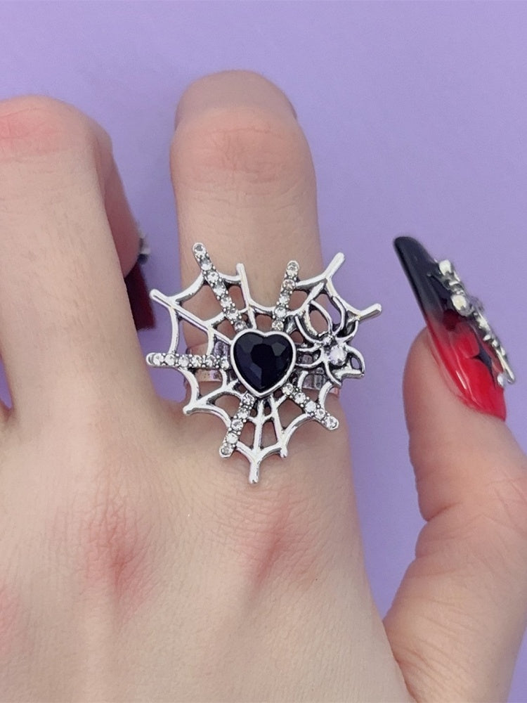 Silver/Black Y2K Punk Spider Web Heart Rhinestone Ring
