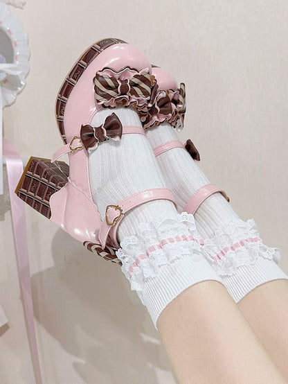Pink&Brown Striped Bowknot Details Heart Buckle Chocolate Platform High Block Heels Mary Janes