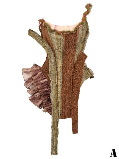 Brown and Green Asymmetrical Design Forest Fairy Goth Branch Corset