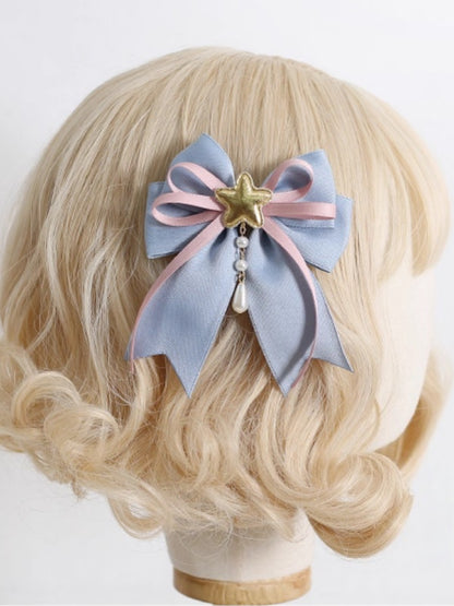 Dusty Blue / Dusty Pink Cute Star Bowknot Hairclip with Bead Charms