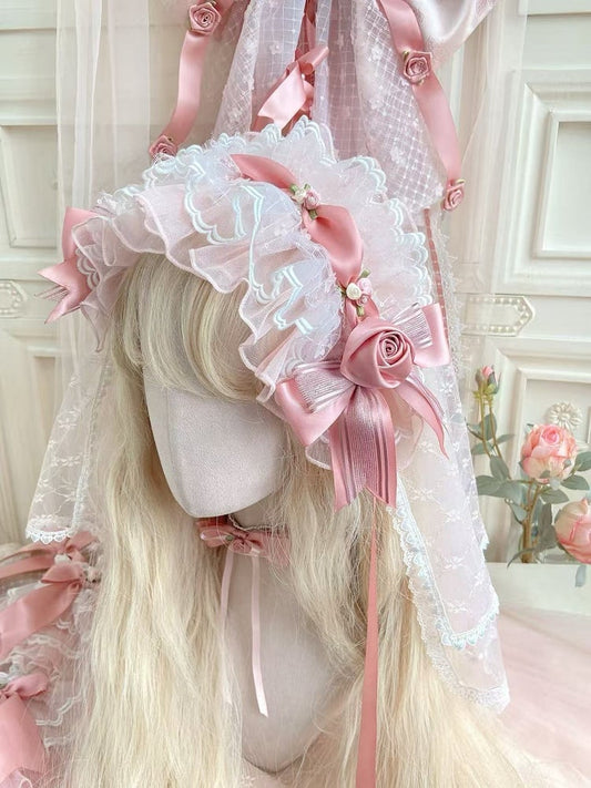 Pink and White Lace Ruffle Hairband with Veil