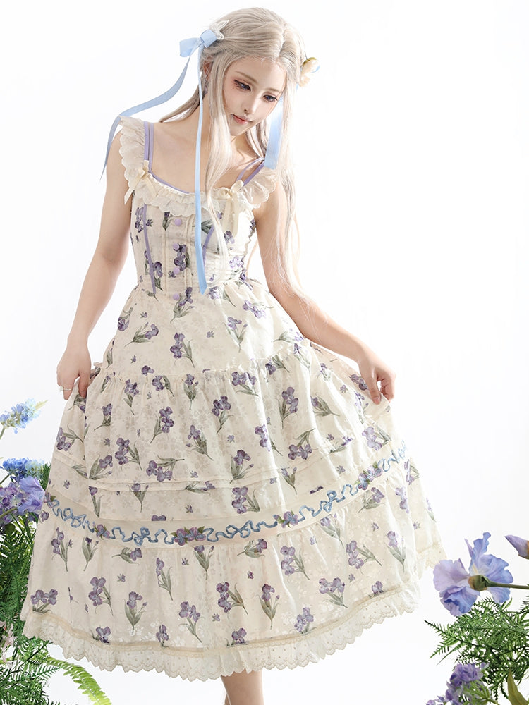 Purple Iris Embroidery Beige Off-the-shoulder Neckline Jumper Skirt