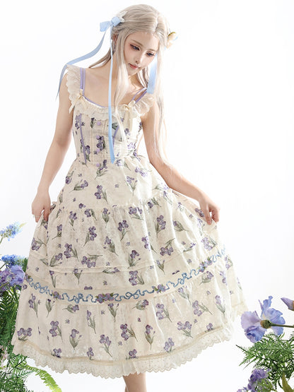 Purple Iris Embroidery Beige Off-the-shoulder Neckline Jumper Skirt