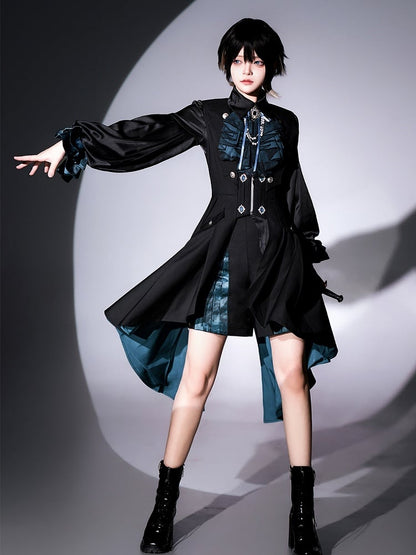 Clearance-Size L for Waist 84CM Black Bat Wings Shape Collar Ouji Lolita Blue Lining Long Waistcoat