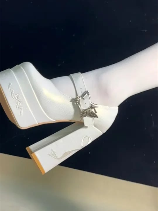 Bowknot Embroidery Butterfly-shaped Buckle White Platform Mary Janes High Block Heels