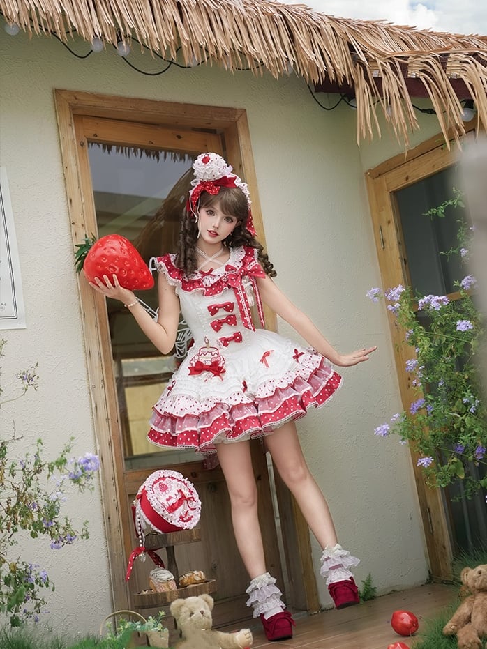 White and Red Polka-dot Bowknots on Bodice Tiered Skirt Sweet Lolita Jumper Skirt