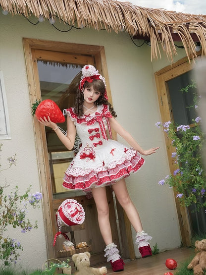 White and Red Polka-dot Bowknots on Bodice Tiered Skirt Sweet Lolita Jumper Skirt