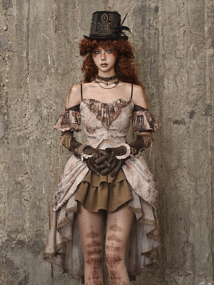 Clearance - Size M for Bust 82-90cm Pictorial Print Neckline Summer Cami Top with Detachable Puff Sleeves