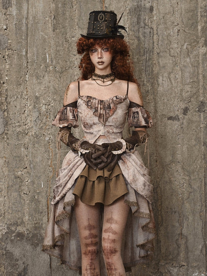 Clearance - Size M for Bust 82-90cm Pictorial Print Neckline Summer Cami Top with Detachable Puff Sleeves