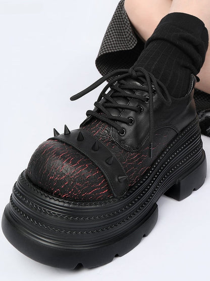 Black & Red Platform Shoes in Gothic Style - Cone Stud Detailing & Lace-up Closure